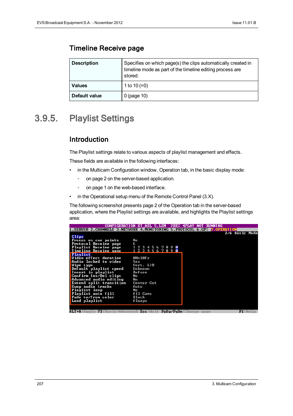 Playlist settings, Timeline receive page, Introduction | EVS XT3 Version 11.01 - November 2012 Configuration Manual User Manual | Page 217 / 254
