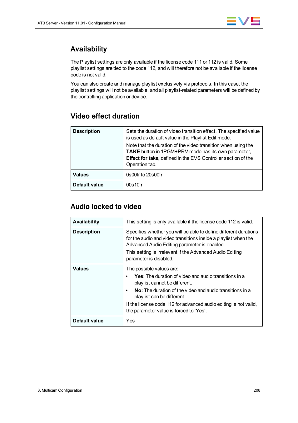 Availability, Video effect duration, Audio locked to video | EVS XT3 Version 11.01 - November 2012 Configuration Manual User Manual | Page 218 / 254