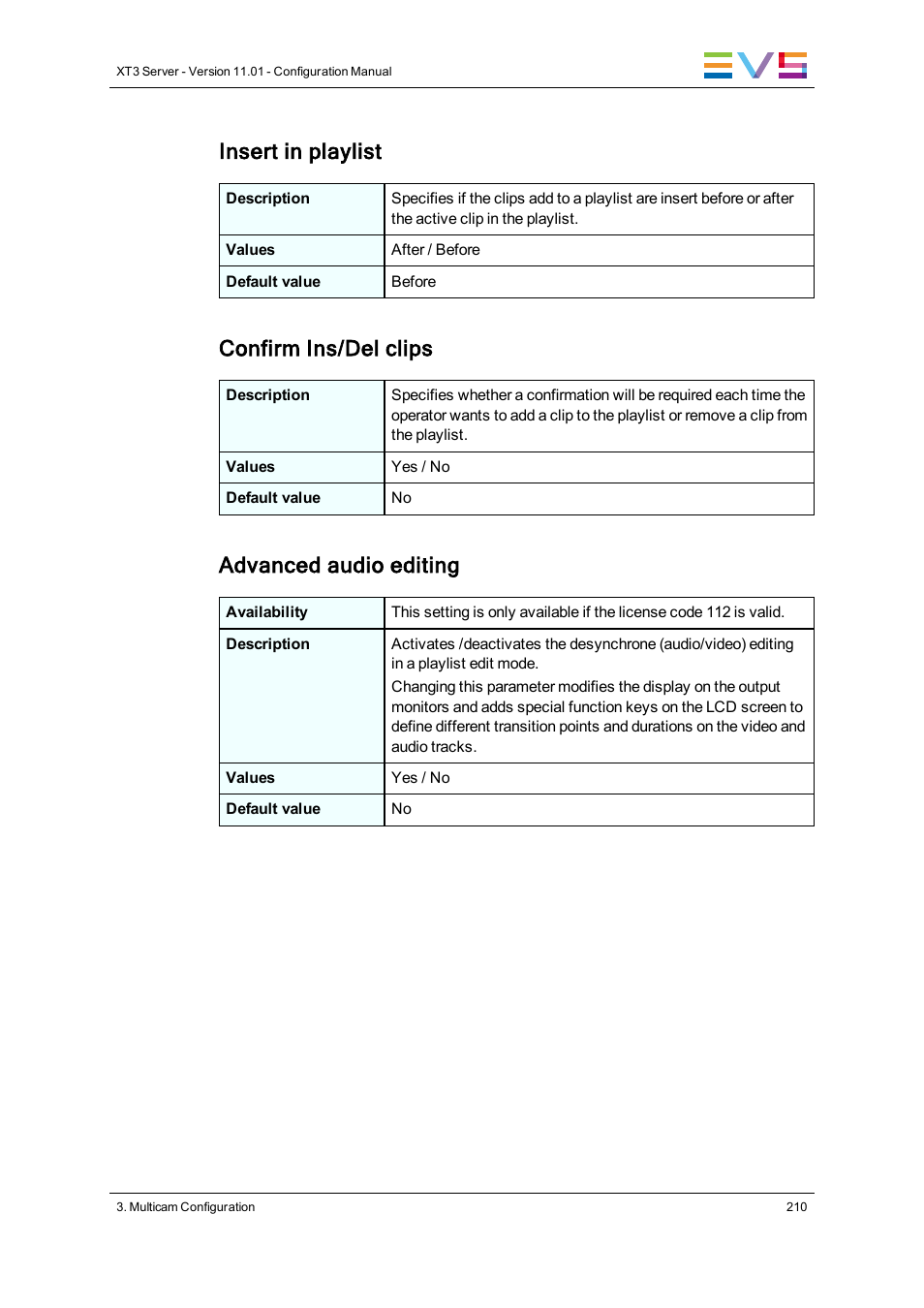 Insert in playlist, Confirm ins/del clips, Advanced audio editing | EVS XT3 Version 11.01 - November 2012 Configuration Manual User Manual | Page 220 / 254