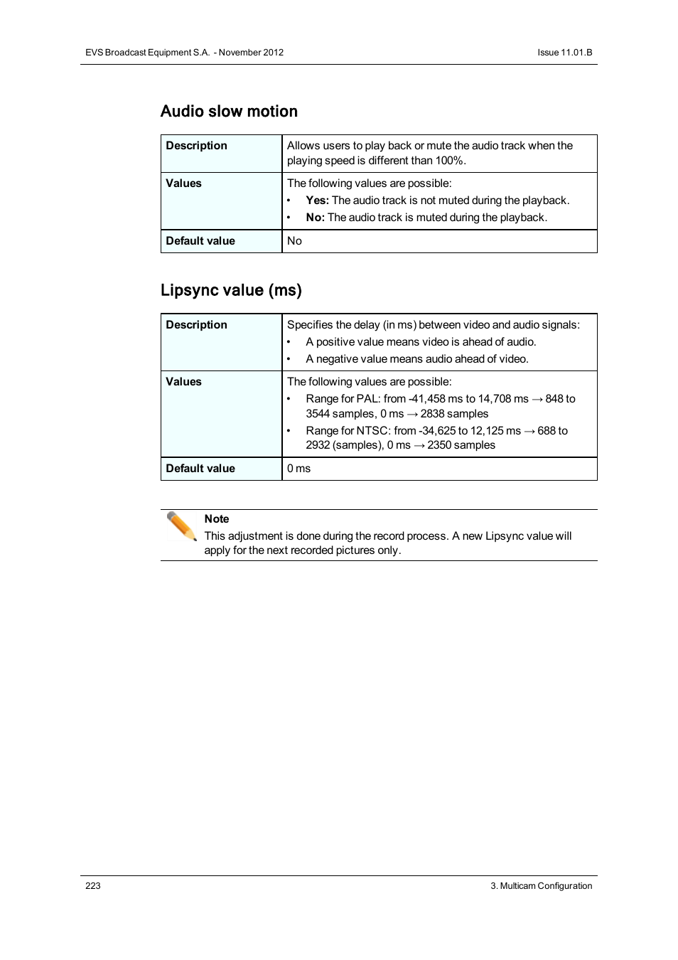 Audio slow motion, Lipsync value (ms) | EVS XT3 Version 11.01 - November 2012 Configuration Manual User Manual | Page 233 / 254