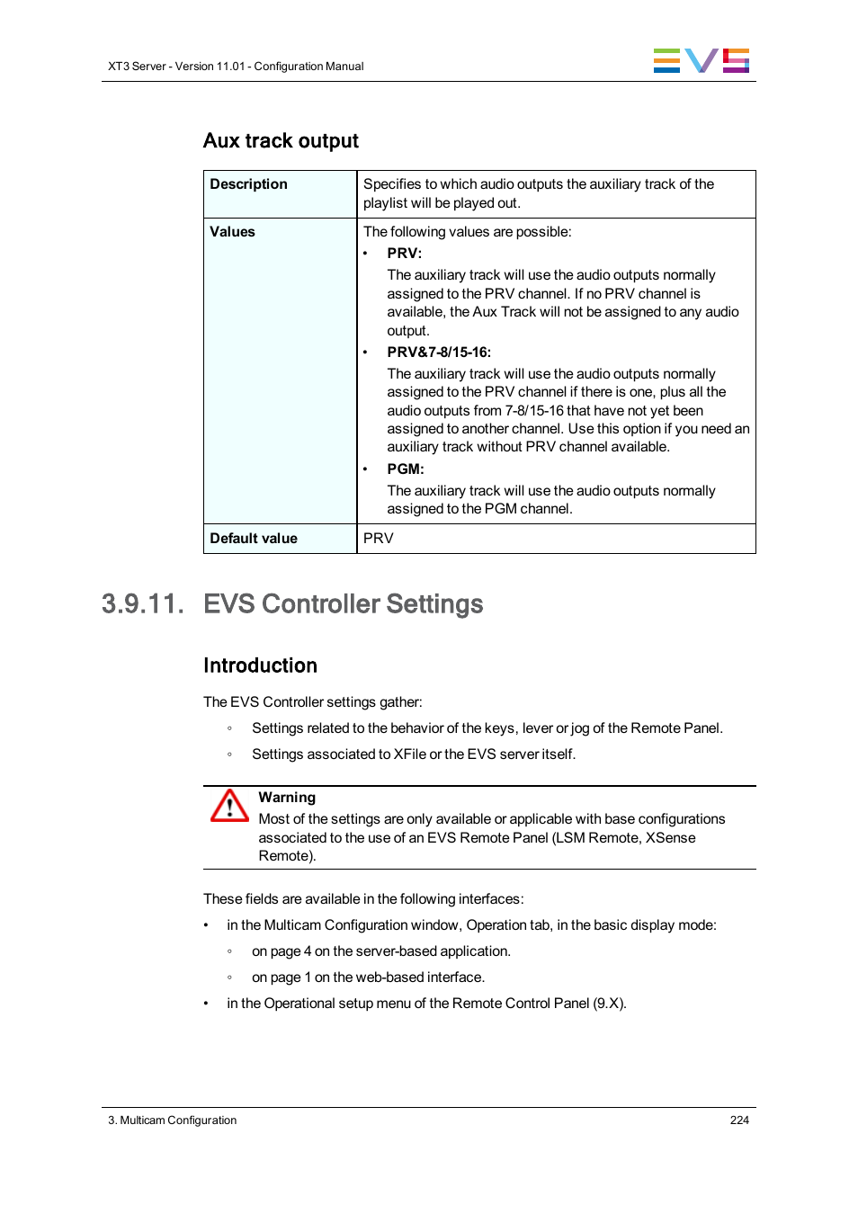 Evs controller settings, Aux track output, Introduction | EVS XT3 Version 11.01 - November 2012 Configuration Manual User Manual | Page 234 / 254