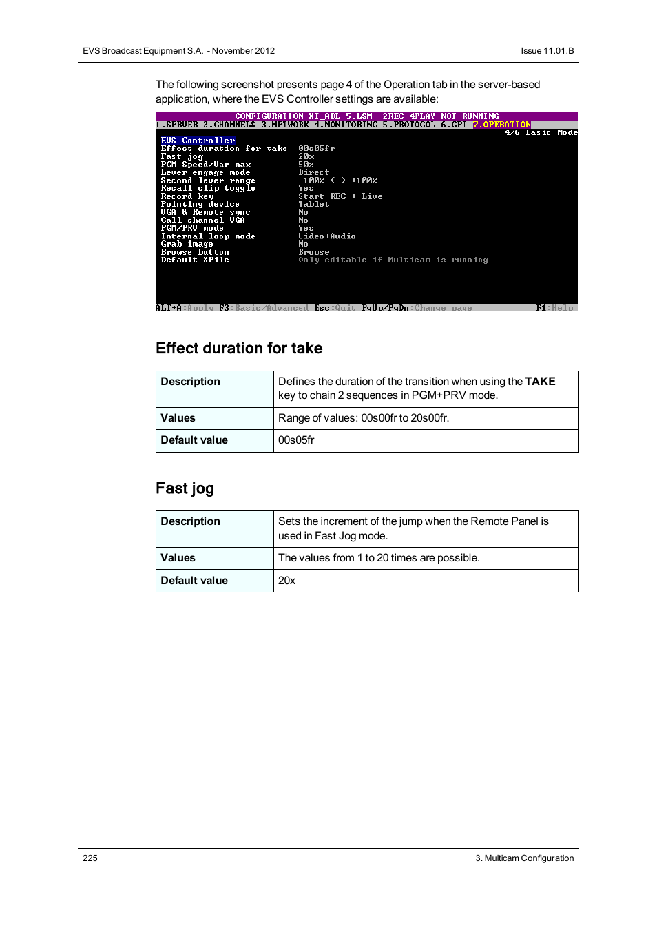 Effect duration for take, Fast jog | EVS XT3 Version 11.01 - November 2012 Configuration Manual User Manual | Page 235 / 254