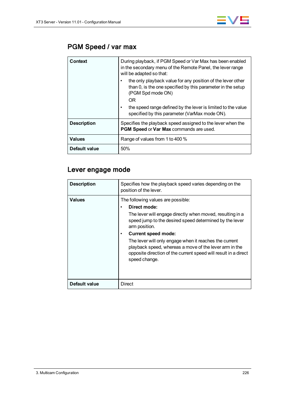 Pgm speed / var max, Lever engage mode | EVS XT3 Version 11.01 - November 2012 Configuration Manual User Manual | Page 236 / 254