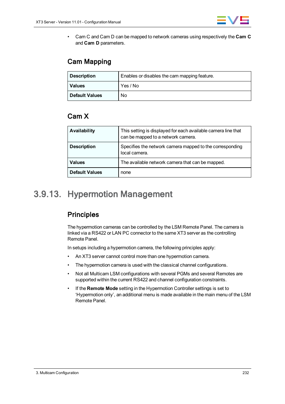 Hypermotion management, Cam mapping, Cam x | Principles | EVS XT3 Version 11.01 - November 2012 Configuration Manual User Manual | Page 242 / 254
