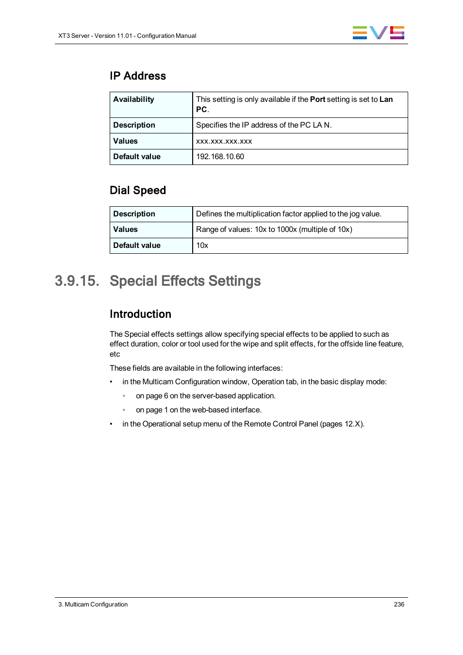 Special effects settings, Ip address, Dial speed | Introduction | EVS XT3 Version 11.01 - November 2012 Configuration Manual User Manual | Page 246 / 254