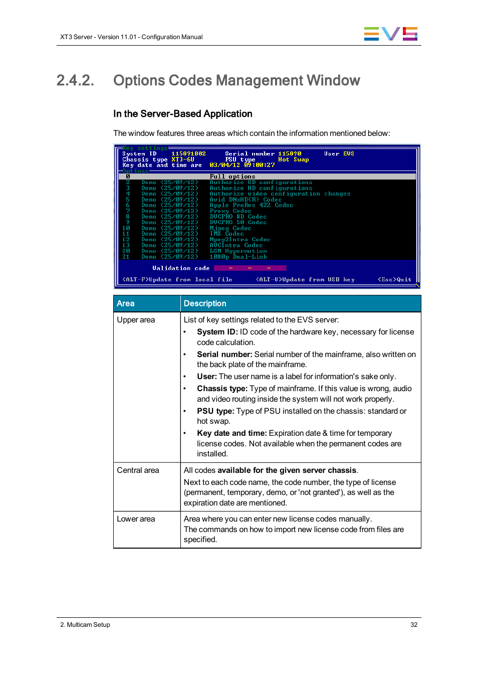 Options codes management window | EVS XT3 Version 11.01 - November 2012 Configuration Manual User Manual | Page 42 / 254