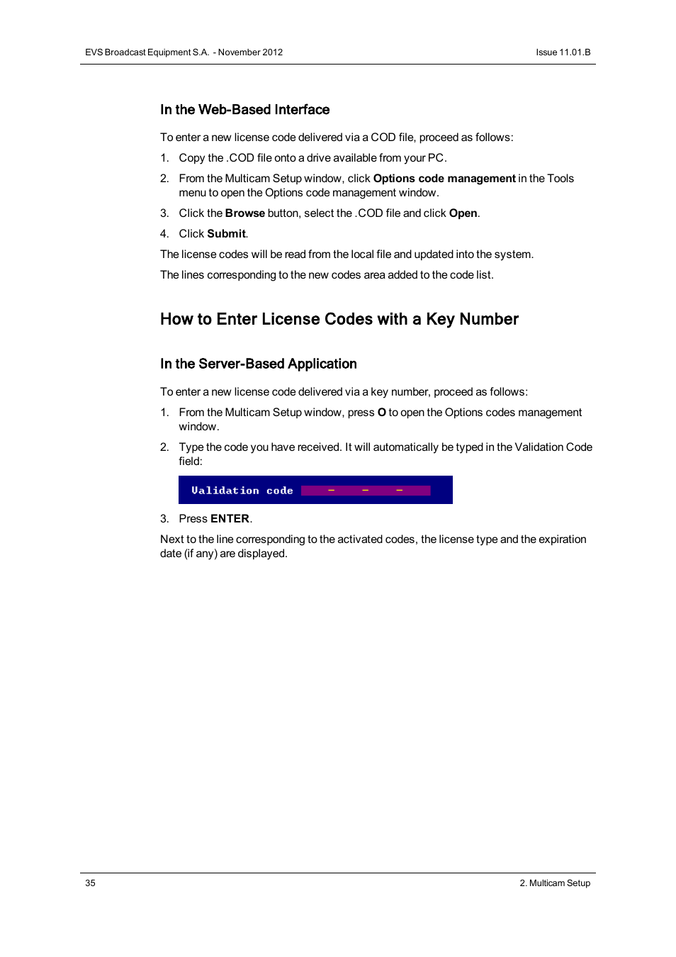 How to enter license codes with a key number | EVS XT3 Version 11.01 - November 2012 Configuration Manual User Manual | Page 45 / 254