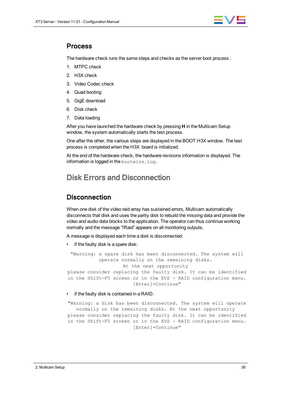 Disk errors and disconnection, Process, Disconnection | EVS XT3 Version 11.01 - November 2012 Configuration Manual User Manual | Page 48 / 254