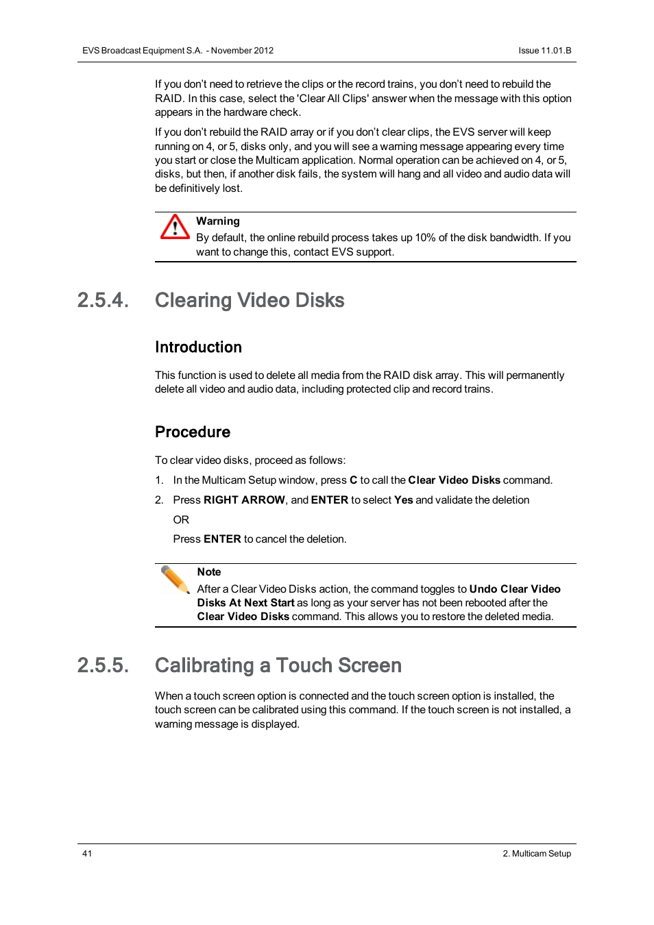 Clearing video disks, Calibrating a touch screen, Clear video disks | Touch screen calibration, Introduction, Procedure | EVS XT3 Version 11.01 - November 2012 Configuration Manual User Manual | Page 51 / 254