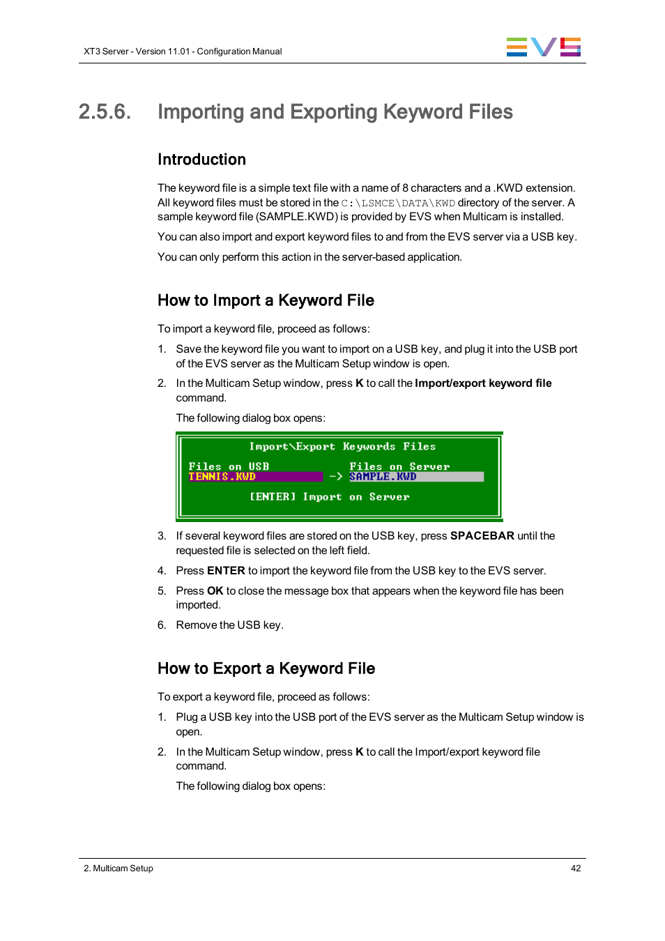 Importing and exporting keyword files, Import/export keyword files, Introduction | How to import a keyword file, How to export a keyword file | EVS XT3 Version 11.01 - November 2012 Configuration Manual User Manual | Page 52 / 254