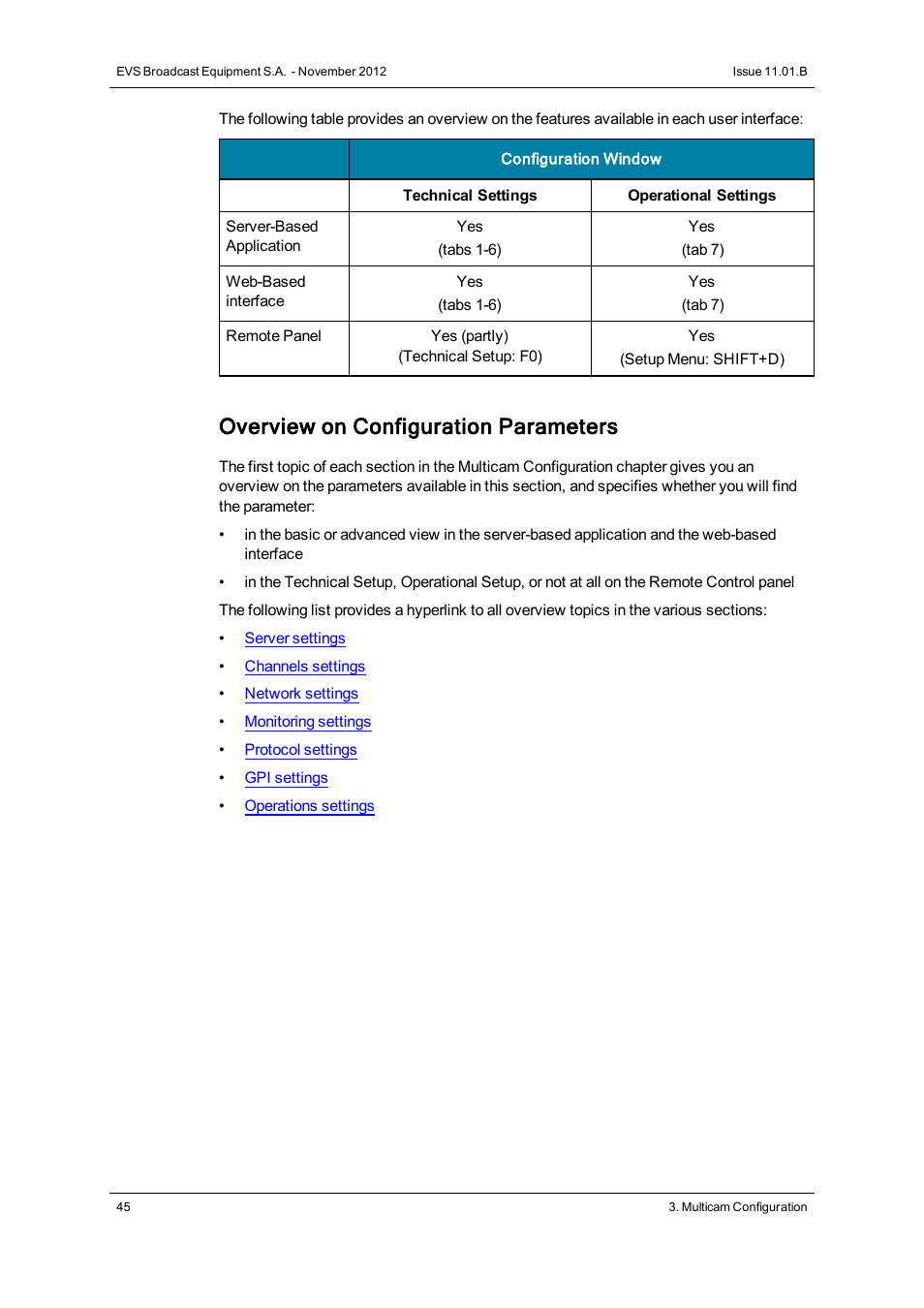 Overview on configuration parameters | EVS XT3 Version 11.01 - November 2012 Configuration Manual User Manual | Page 55 / 254