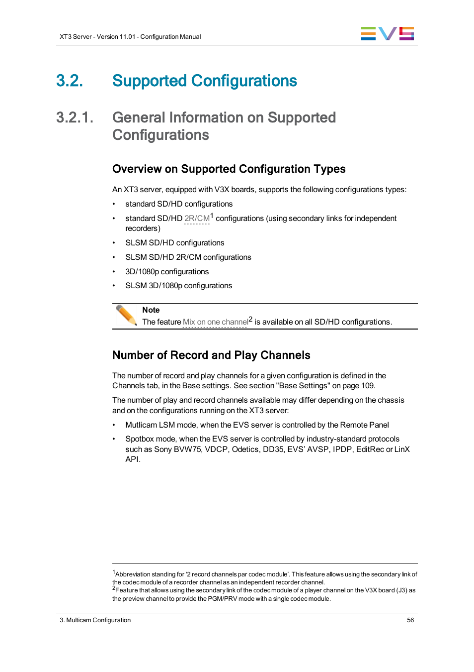 Supported configurations, General information on supported configurations, Overview on supported configuration types | Number of record and play channels | EVS XT3 Version 11.01 - November 2012 Configuration Manual User Manual | Page 66 / 254