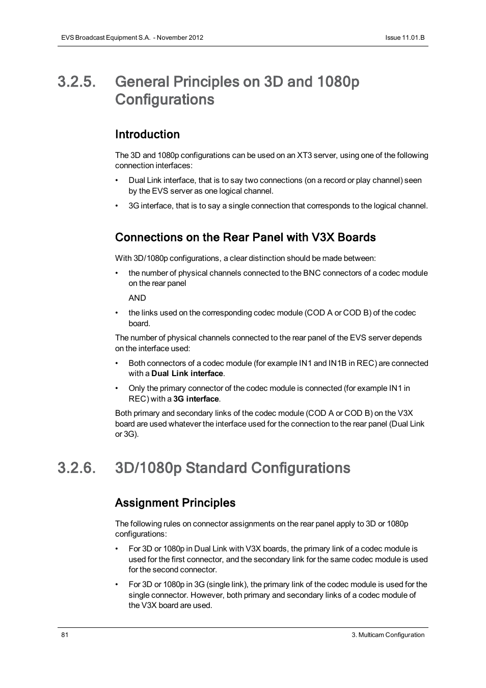 General principles on 3d and 1080p configurations, 3d/1080p standard configurations, Introduction | Connections on the rear panel with v3x boards, Assignment principles | EVS XT3 Version 11.01 - November 2012 Configuration Manual User Manual | Page 91 / 254