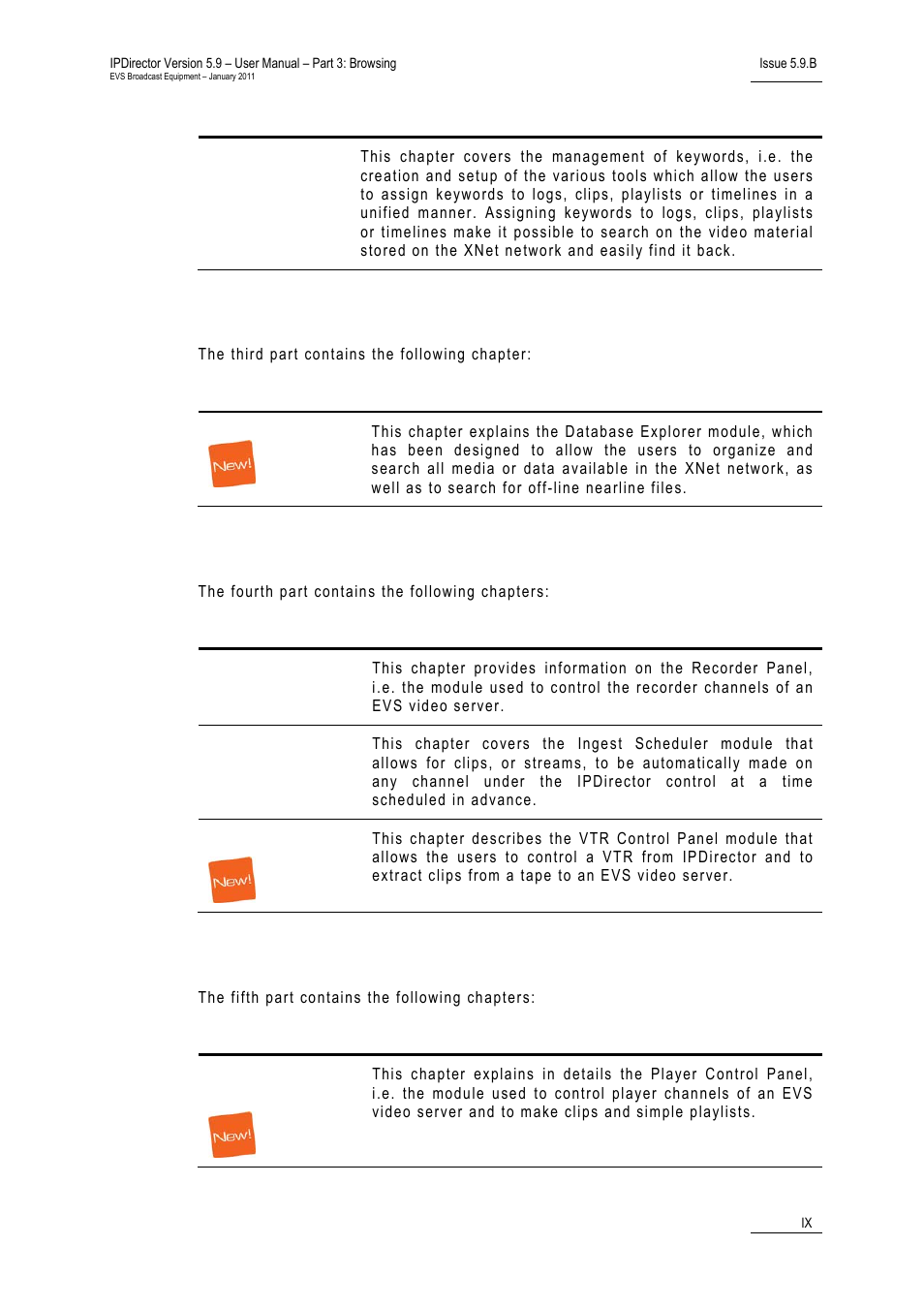 Part 3: browsing, Part 4: ingest, Part 5: playout – control panel | EVS IPDirector Version 5.9 - January 2011 Part 3 User’s Manual User Manual | Page 10 / 139
