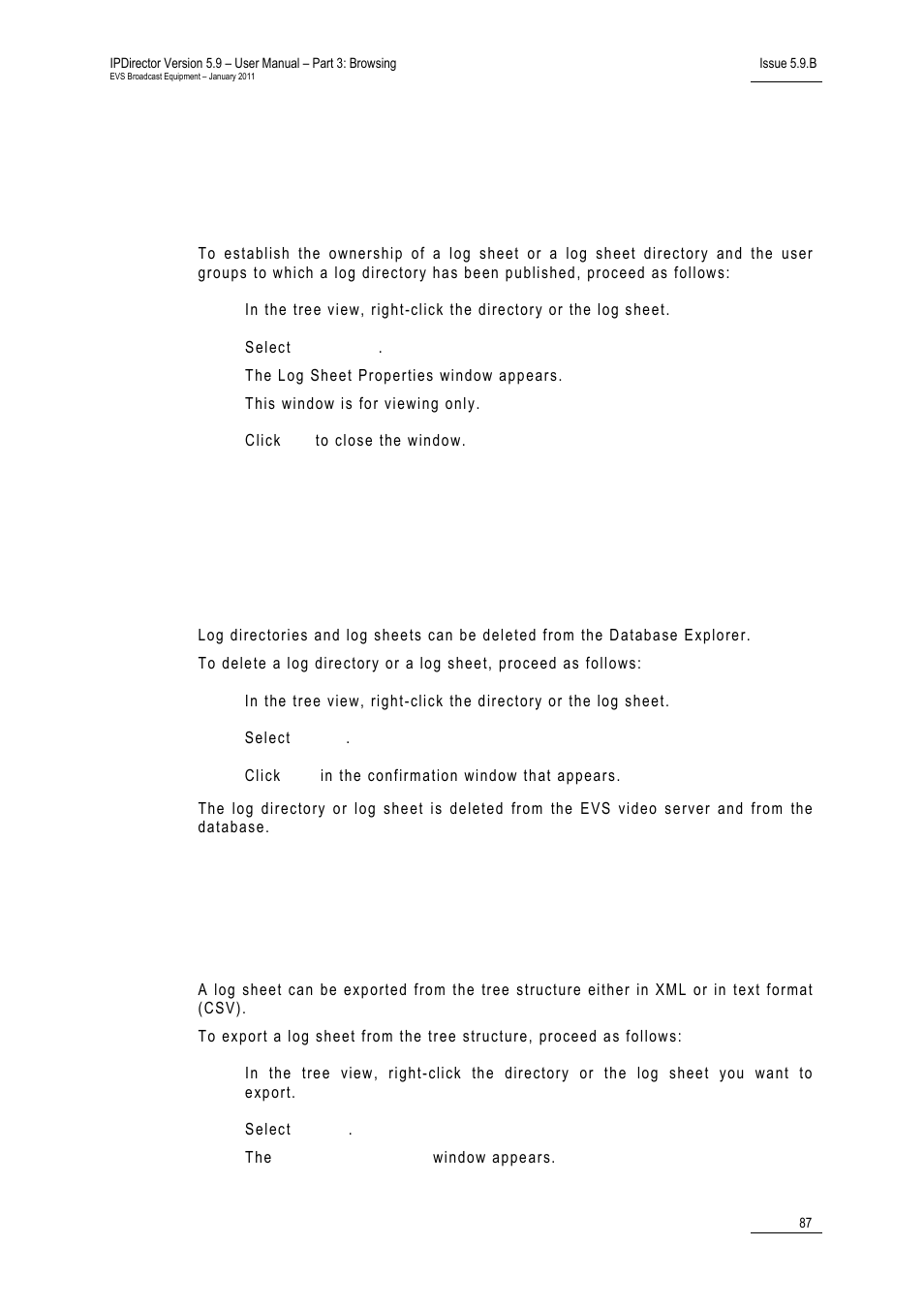 8 how to delete a log directory or a log sheet, 9 how to export a log sheet from the tree, Logs view | Introduction, Logs tree structure | EVS IPDirector Version 5.9 - January 2011 Part 3 User’s Manual User Manual | Page 100 / 139