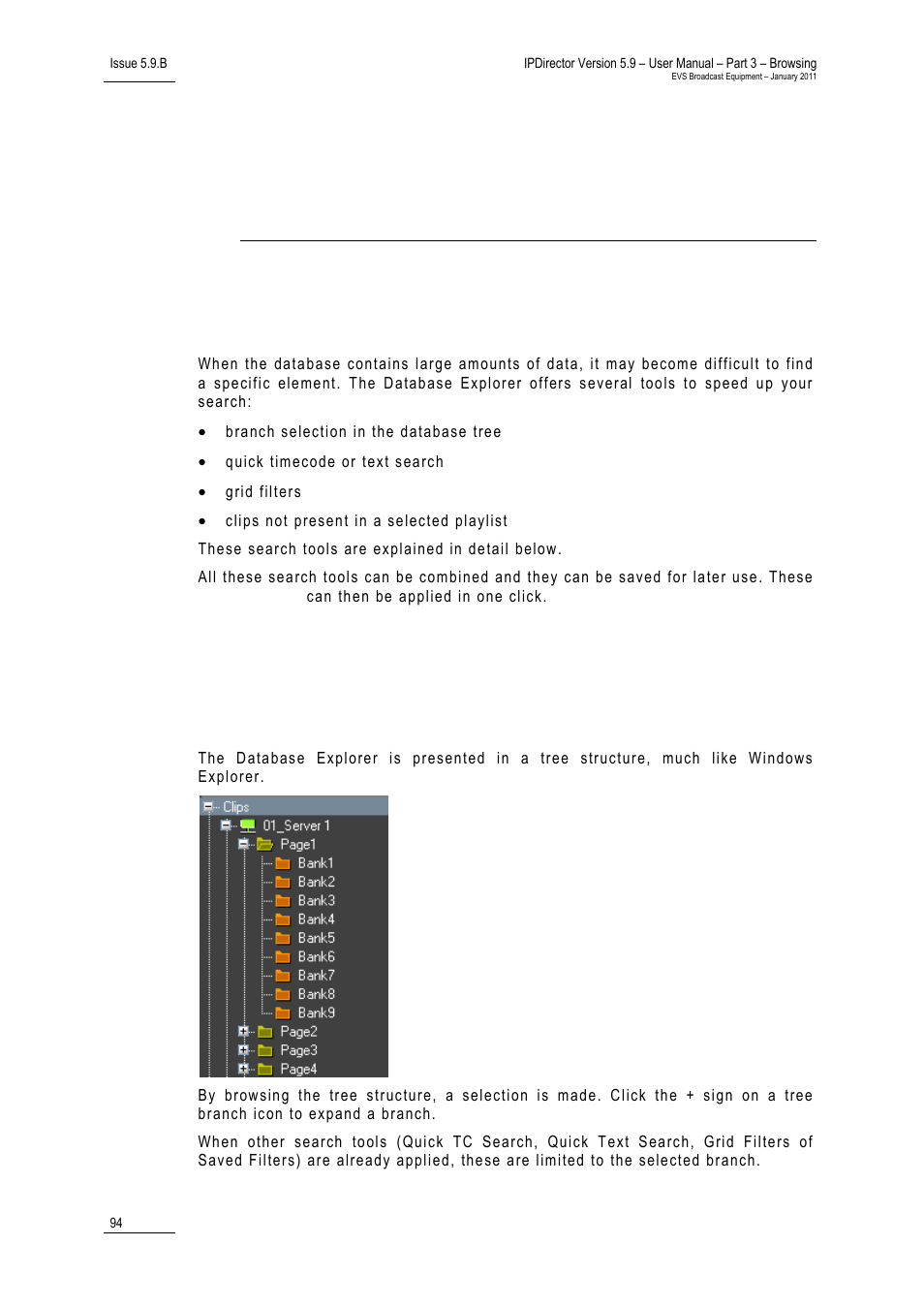 Searching the database, 1 search types, 2 branch selection in the database tree | 11 ‘searching the database’ on p, 94 fo | EVS IPDirector Version 5.9 - January 2011 Part 3 User’s Manual User Manual | Page 107 / 139