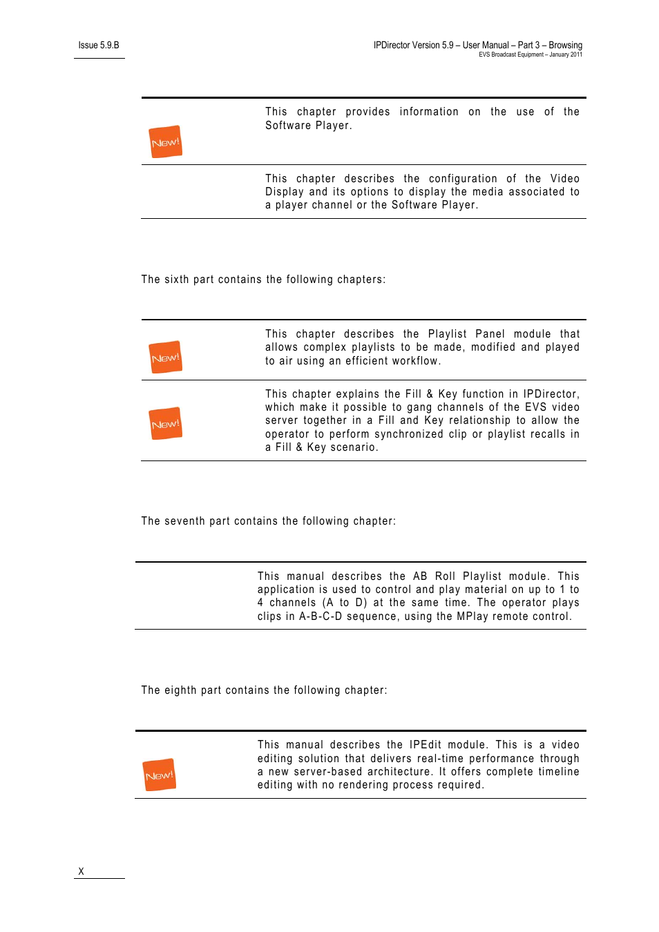 Part 6: playout – playlist panel, Part7: playout – ab roll playlist, Part 8: editing | EVS IPDirector Version 5.9 - January 2011 Part 3 User’s Manual User Manual | Page 11 / 139