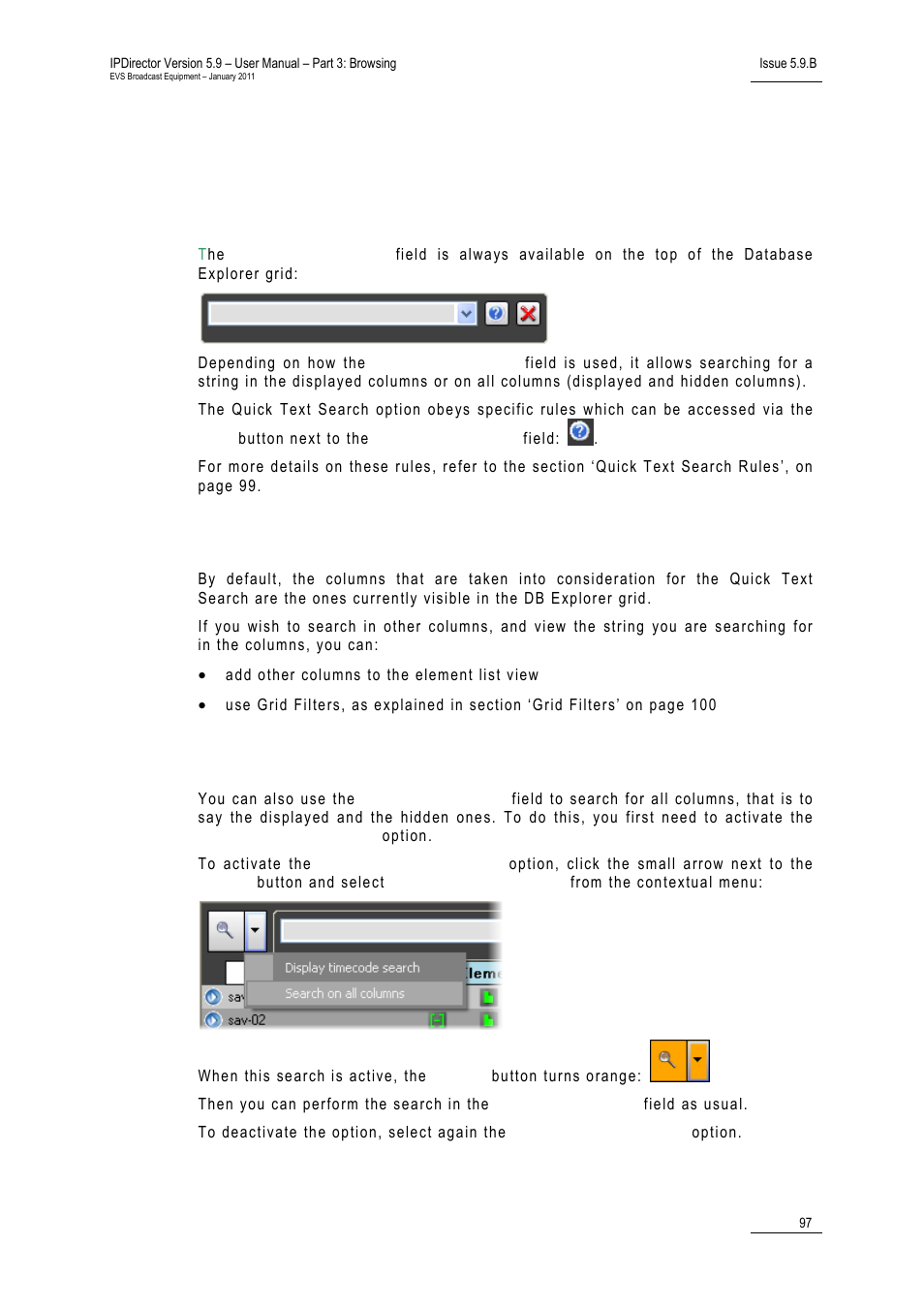 2 quick text search, Introduction, Search on displayed columns | Search on all columns, Media files contextual menu, Uick, Earch | EVS IPDirector Version 5.9 - January 2011 Part 3 User’s Manual User Manual | Page 110 / 139