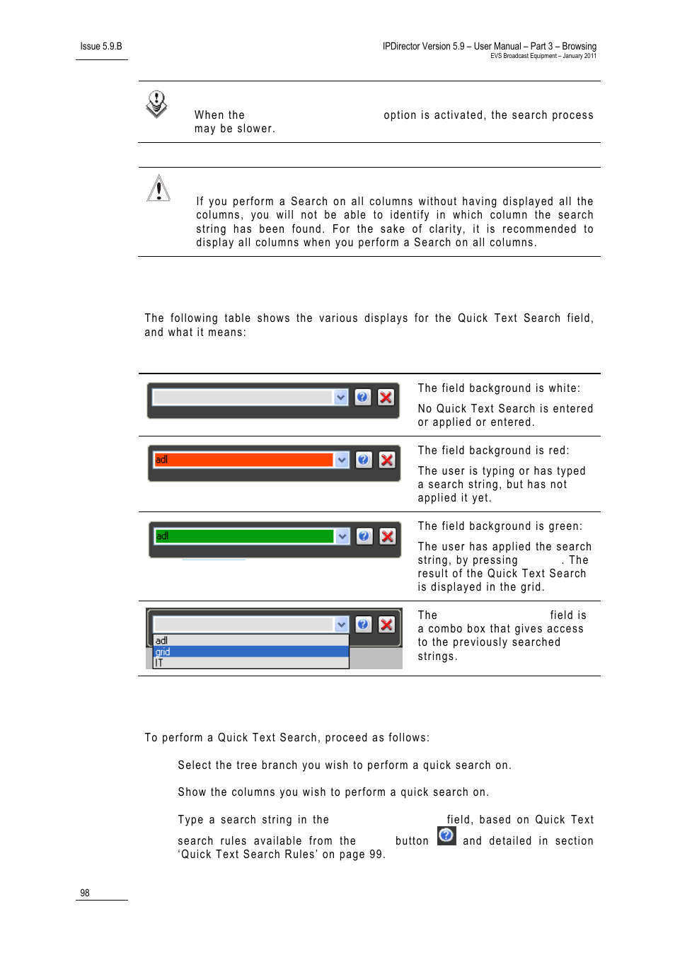 Quick text search field display, How to perform a quick text search, Searching the database | Search types, Branch selection in the database tree | EVS IPDirector Version 5.9 - January 2011 Part 3 User’s Manual User Manual | Page 111 / 139