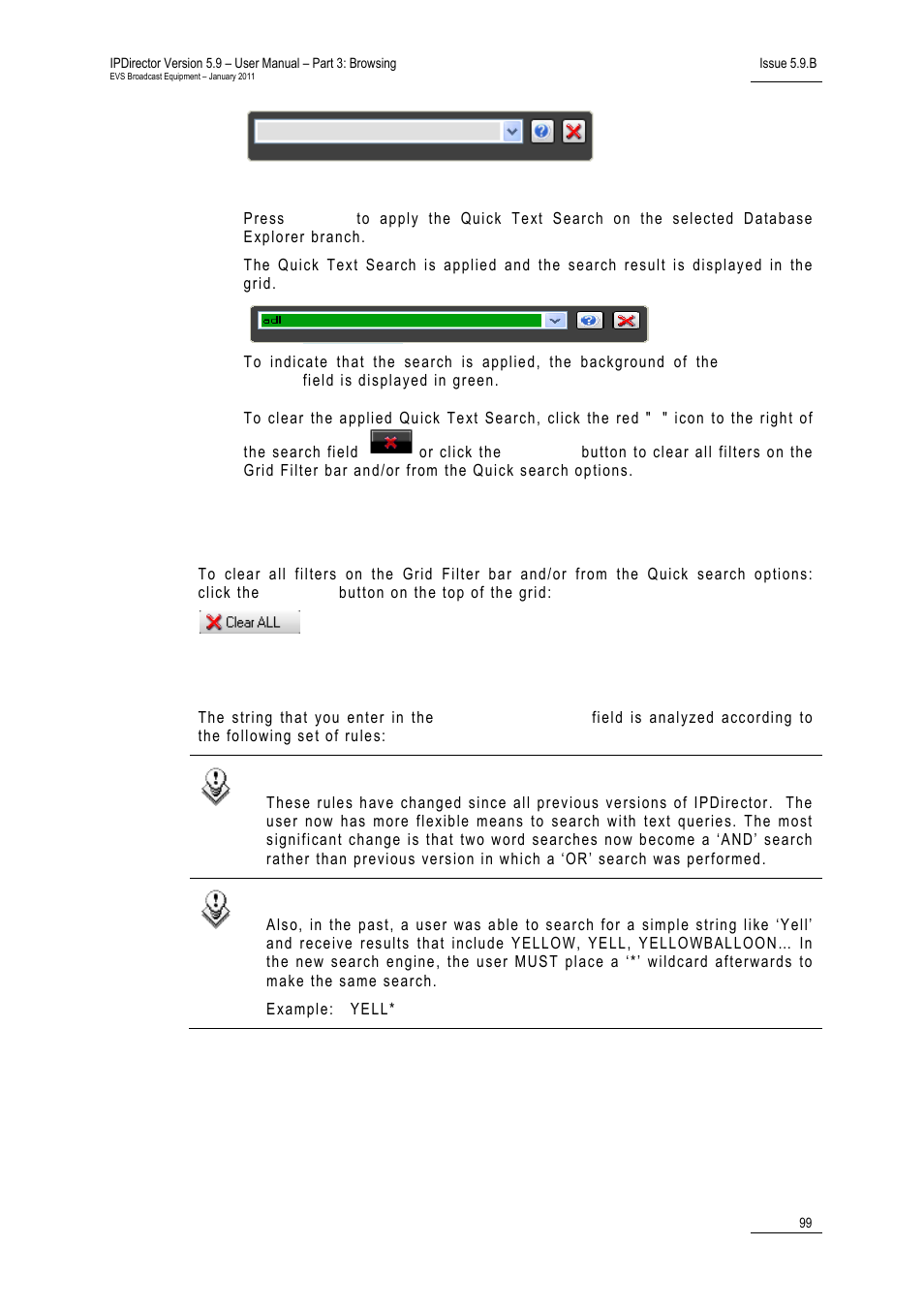 How to clear all filters on the grid filter bar, Quick text search rules, Quick search options | Quick tc search | EVS IPDirector Version 5.9 - January 2011 Part 3 User’s Manual User Manual | Page 112 / 139