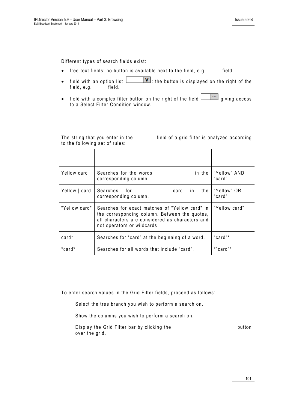 1 search fields types, 2 grid filter rules, Quick text search | Earch, Ields, Ypes, Ilter, Ules, Ow to, Erform a | EVS IPDirector Version 5.9 - January 2011 Part 3 User’s Manual User Manual | Page 114 / 139