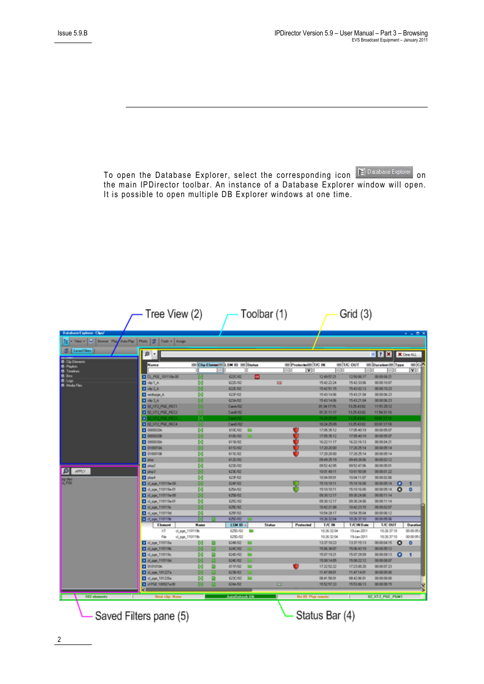 User interface, 1 opening of database explorer, 2 overview of the database explorer | 1 database explorer window outline, Opening of database explorer, Overview of the database explorer, Database explorer window outline | EVS IPDirector Version 5.9 - January 2011 Part 3 User’s Manual User Manual | Page 15 / 139
