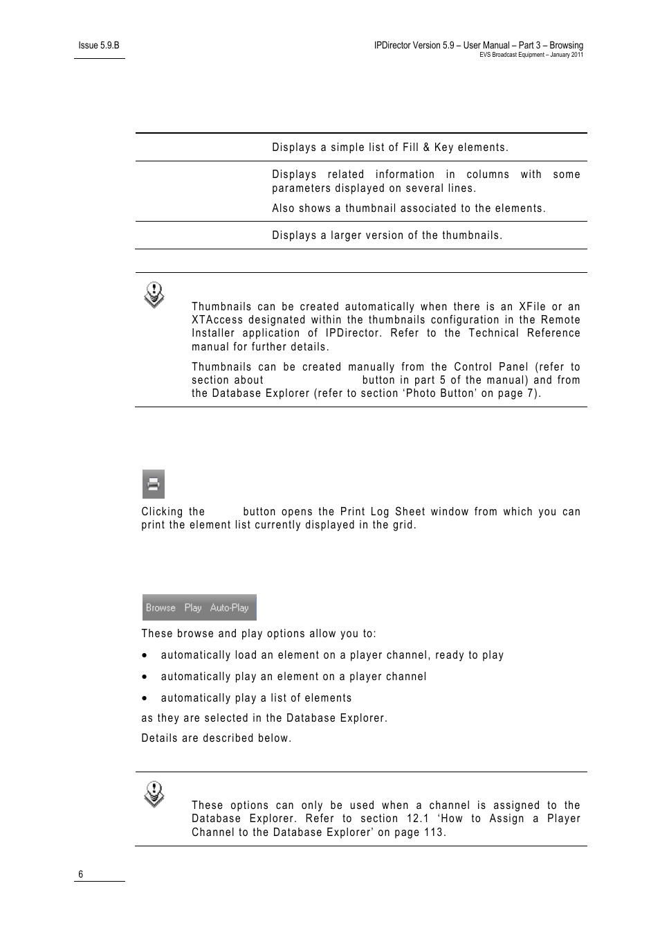 2 print button, 3 browse and play options, Print button | Browse and play options, Rint, Utton, Rowse and, Ptions | EVS IPDirector Version 5.9 - January 2011 Part 3 User’s Manual User Manual | Page 19 / 139