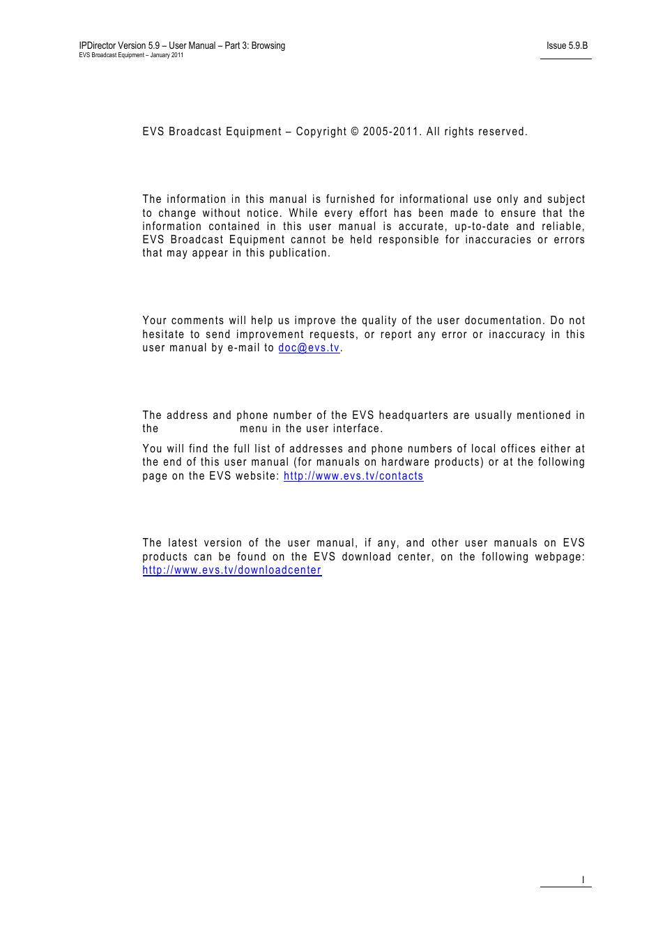 Copyright, Disclaimer, Improvement requests | Regional contacts, User manuals on evs website | EVS IPDirector Version 5.9 - January 2011 Part 3 User’s Manual User Manual | Page 2 / 139