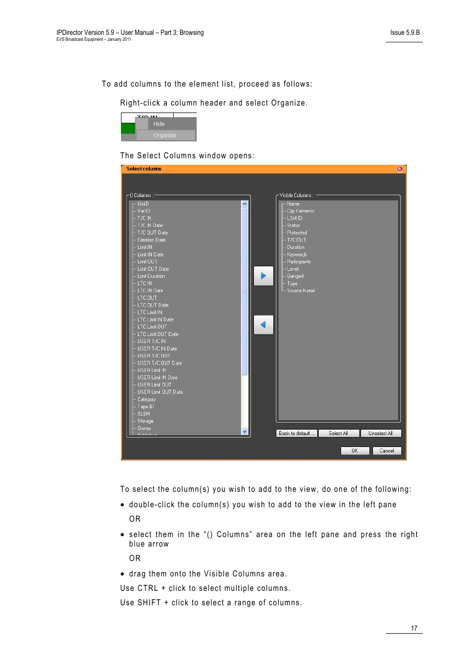 How to add columns to the element list, Element grid | EVS IPDirector Version 5.9 - January 2011 Part 3 User’s Manual User Manual | Page 30 / 139