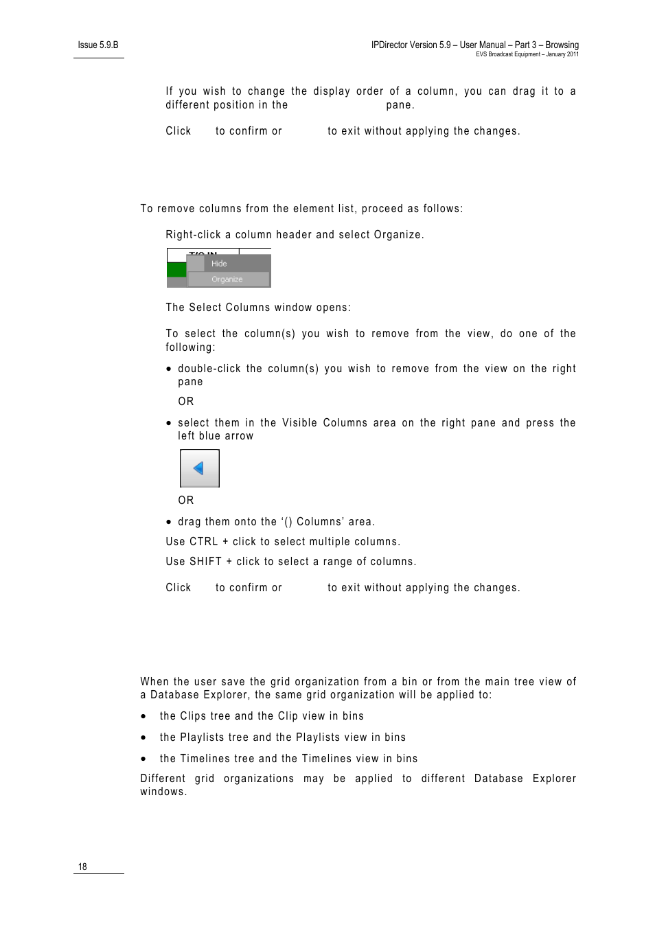 How to remove columns from the element list, Save grid organization | EVS IPDirector Version 5.9 - January 2011 Part 3 User’s Manual User Manual | Page 31 / 139