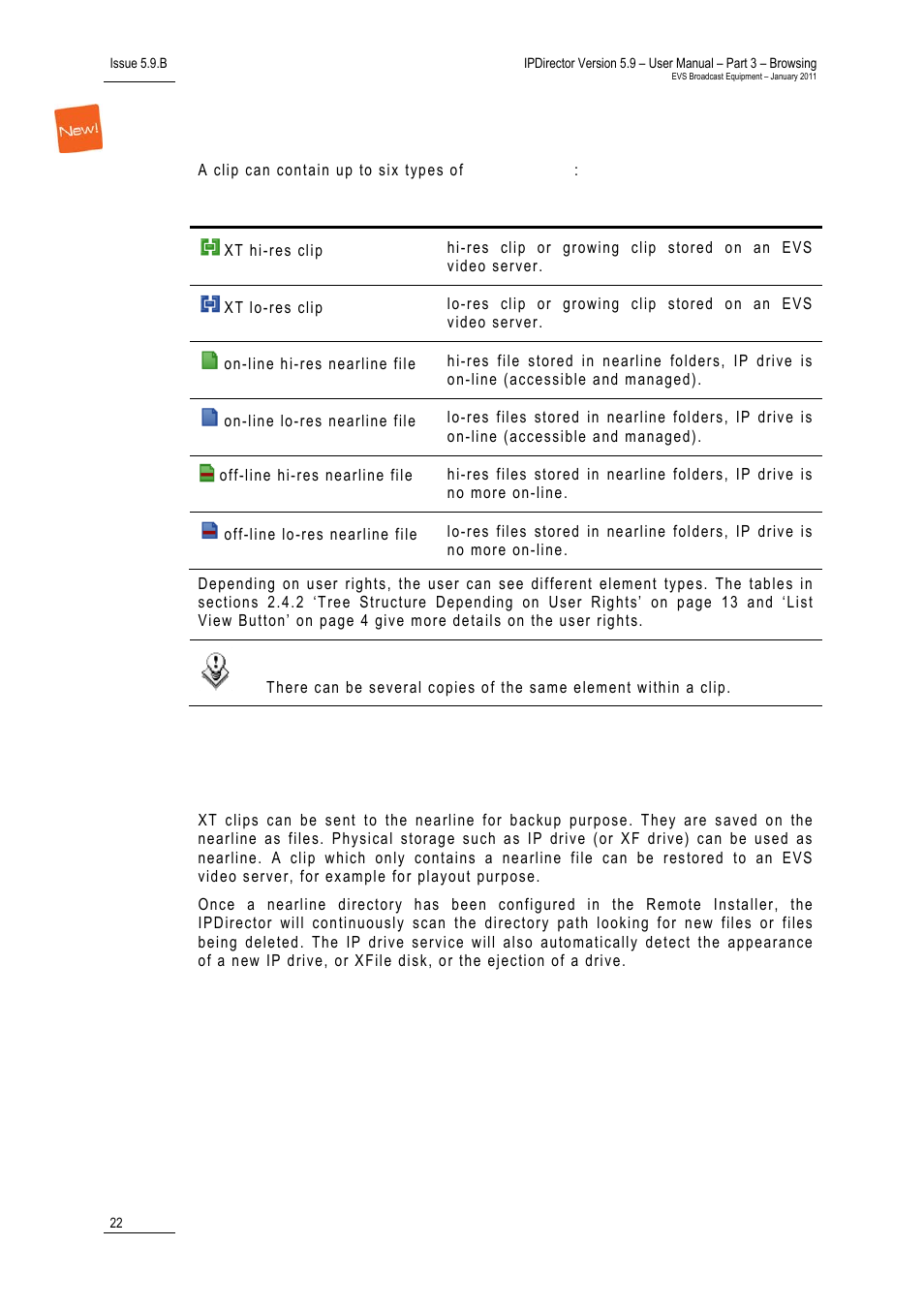 Clip element types, 3 nearline management, Clips, clip elements and nearline files | Terminology, What comprises a clip, Lement, Ypes | EVS IPDirector Version 5.9 - January 2011 Part 3 User’s Manual User Manual | Page 35 / 139
