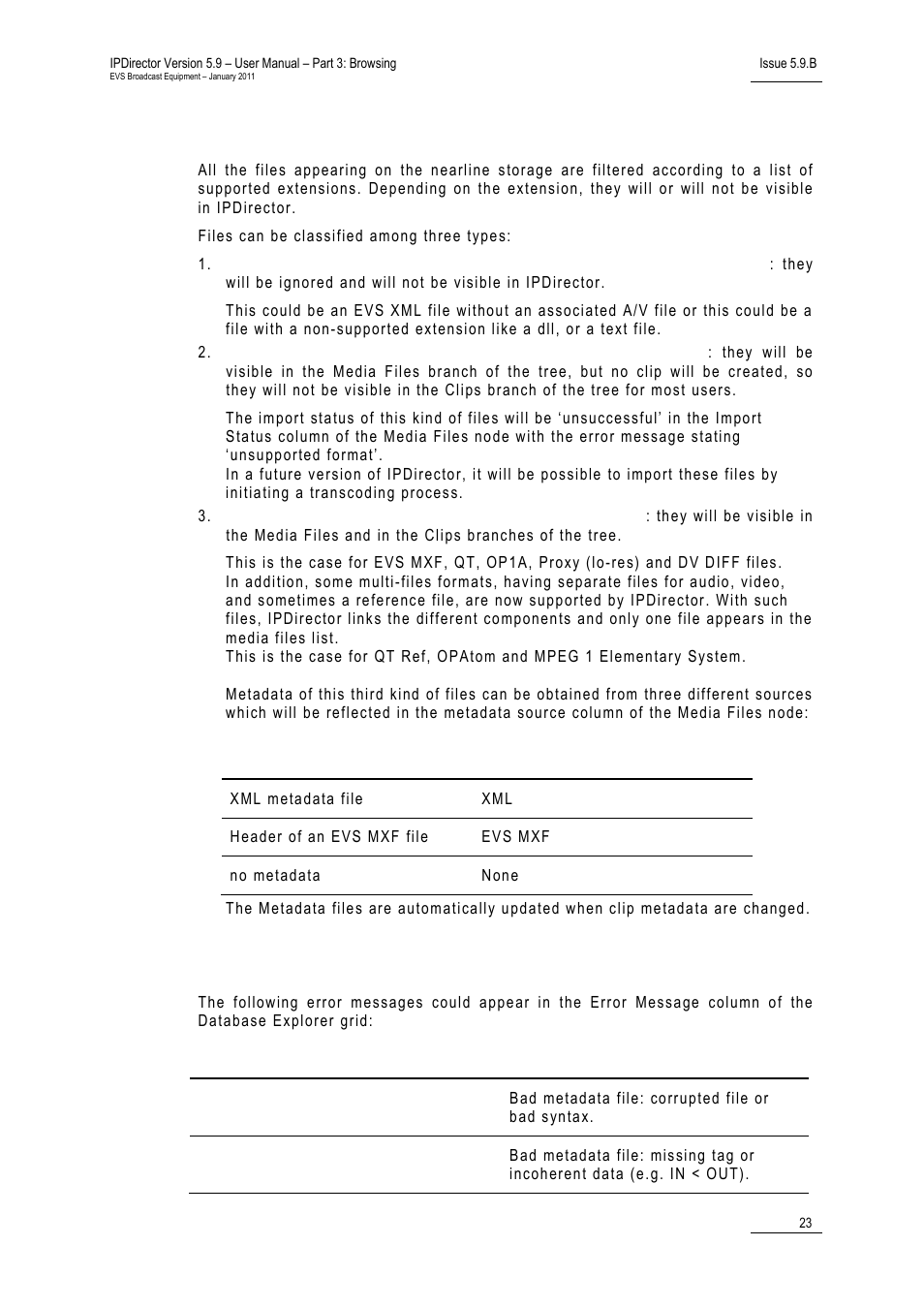 1 files types, Error messages, Clip element types | Nearline management, Iles, Ypes | EVS IPDirector Version 5.9 - January 2011 Part 3 User’s Manual User Manual | Page 36 / 139