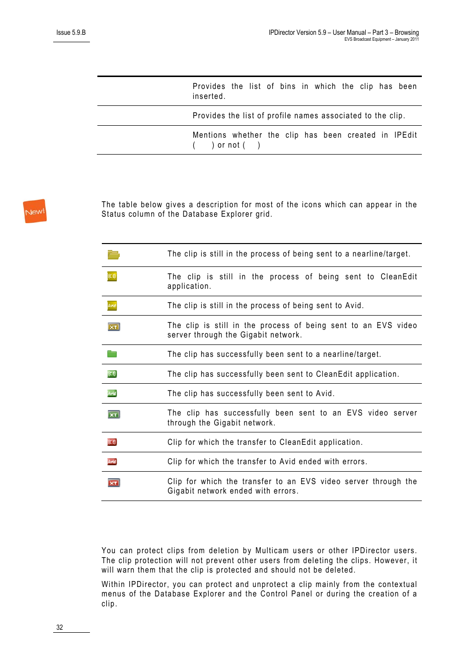 Status icons, 2 clip protection, 32 fo | Clip protection, Tatus, Cons, Rotection | EVS IPDirector Version 5.9 - January 2011 Part 3 User’s Manual User Manual | Page 45 / 139