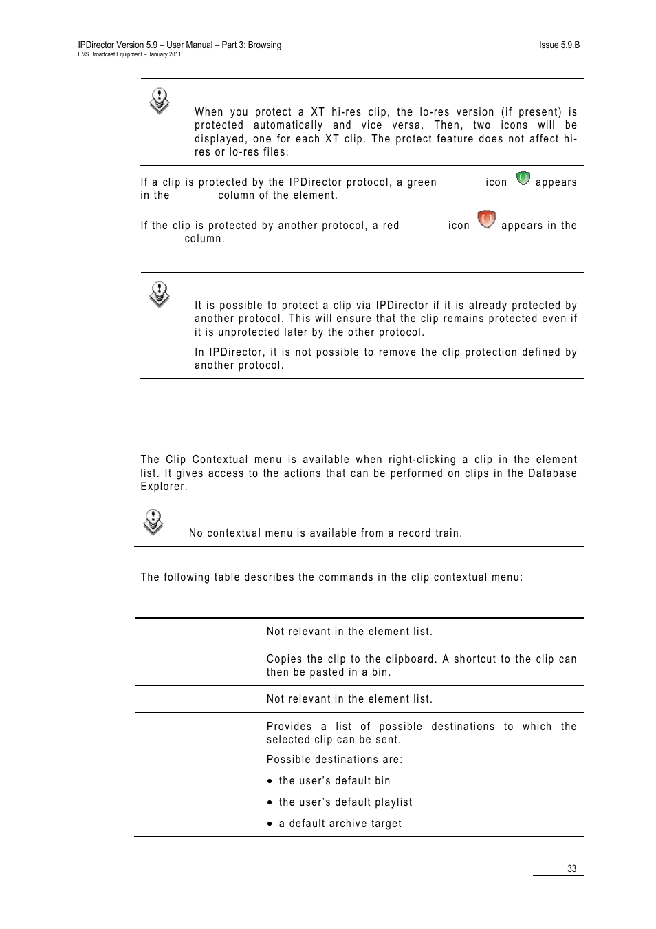 6 clip contextual menu, Status icons, Clip protection | EVS IPDirector Version 5.9 - January 2011 Part 3 User’s Manual User Manual | Page 46 / 139