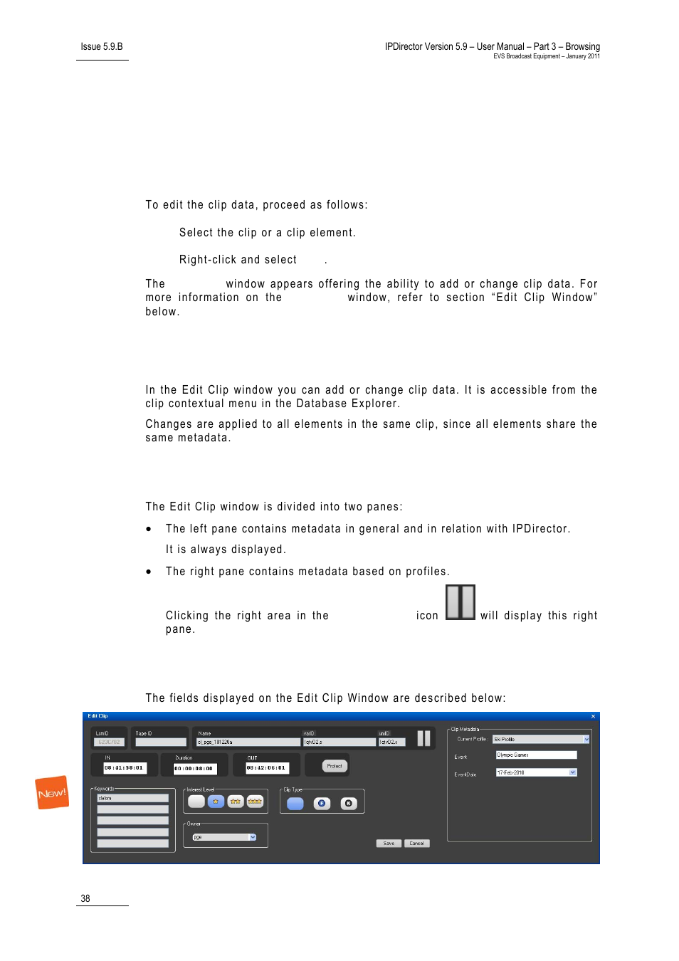 8 editing a clip, 2 edit clip window, Window overview | Fields in the edit clip window, Deleting a clip, Edit clip window: ne, 2 ‘edit clip window | EVS IPDirector Version 5.9 - January 2011 Part 3 User’s Manual User Manual | Page 51 / 139