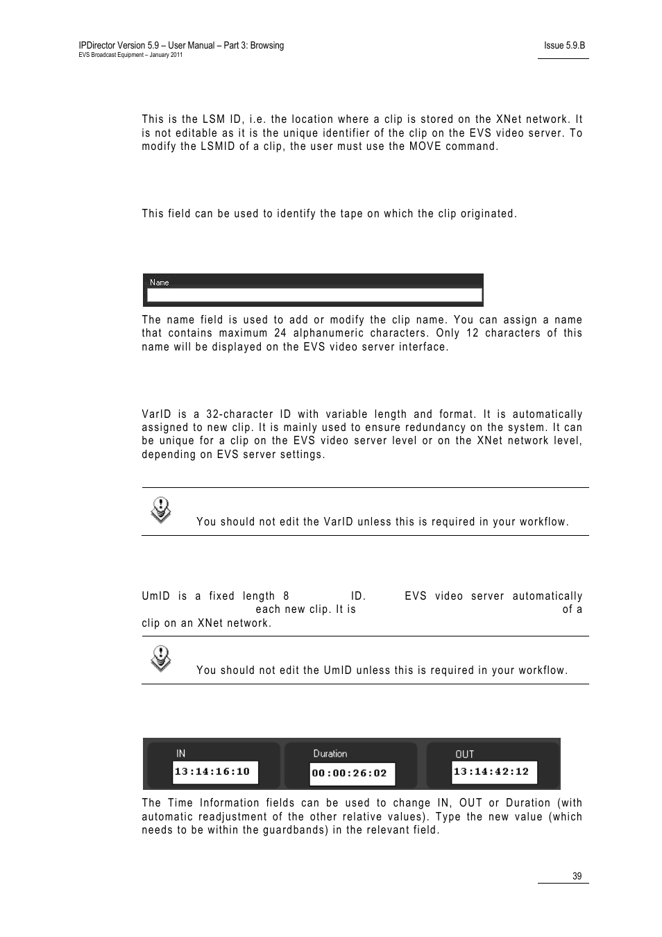 Lsmid, Tapeid, Name | Varid, Umid, Time information fields, Editing a clip, Edit clip window | EVS IPDirector Version 5.9 - January 2011 Part 3 User’s Manual User Manual | Page 52 / 139