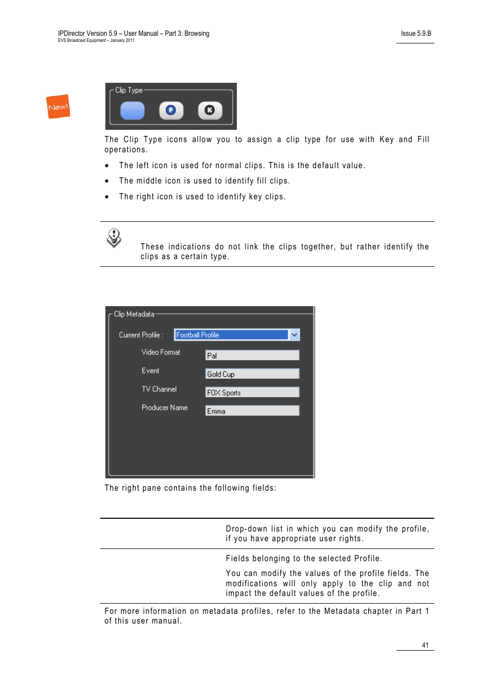 Clip type, Metadata fields | EVS IPDirector Version 5.9 - January 2011 Part 3 User’s Manual User Manual | Page 54 / 139