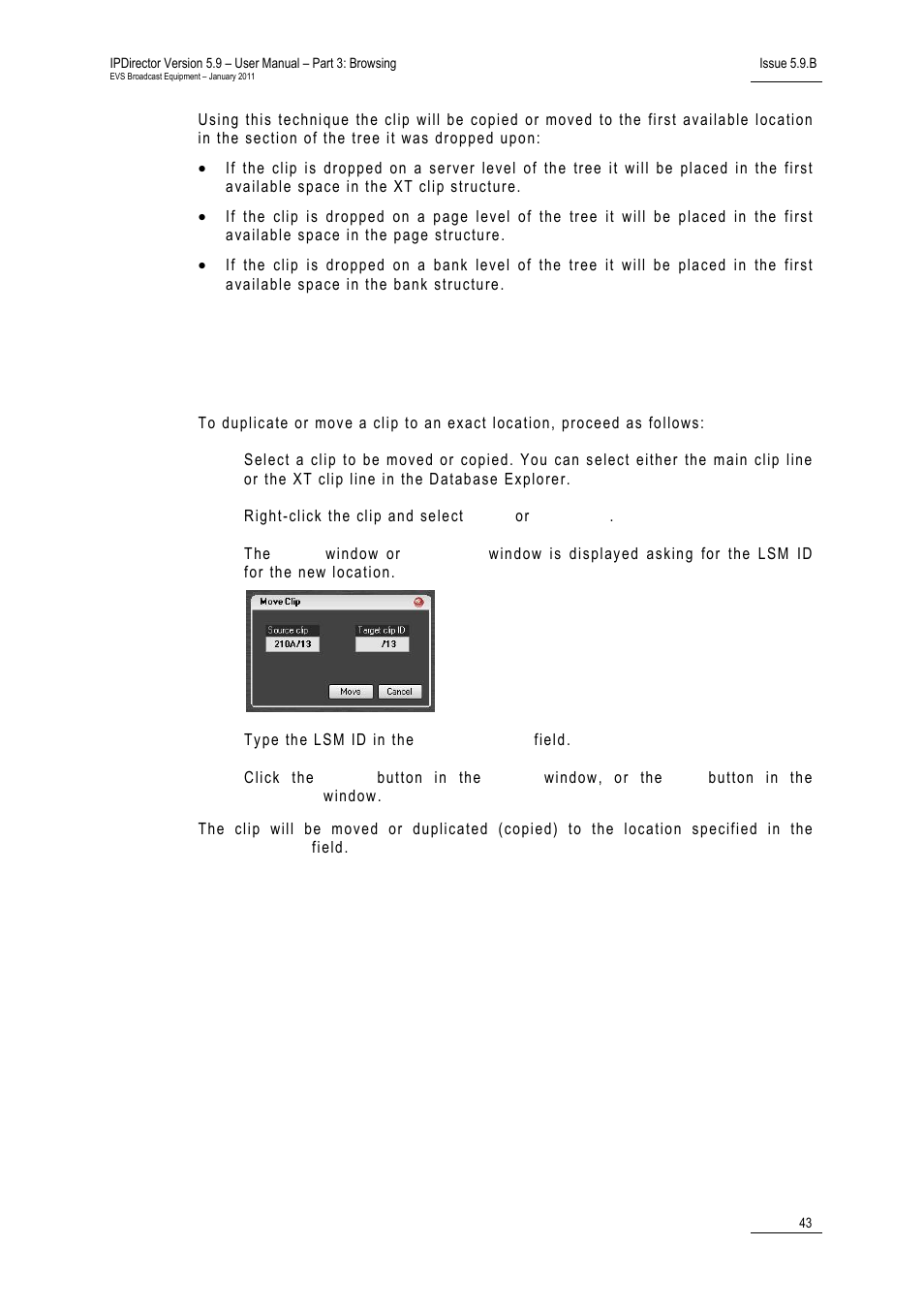 Copying or moving a clip, Copying or moving a clip using drag-and-drop, How to duplicate or move a clip | Specifying an exact location, Ow to, Uplicate or, Ove a, Pecifying an, Xact, Ocation | EVS IPDirector Version 5.9 - January 2011 Part 3 User’s Manual User Manual | Page 56 / 139