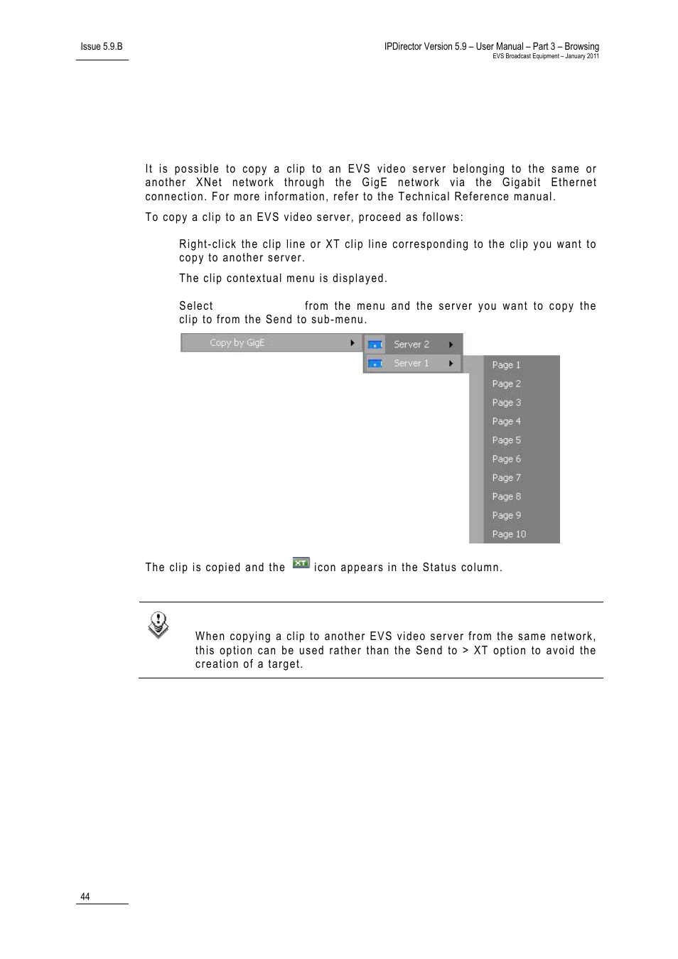 Ow to copy a, Lip to an, Video server through the | Igabit, Thernet | EVS IPDirector Version 5.9 - January 2011 Part 3 User’s Manual User Manual | Page 57 / 139
