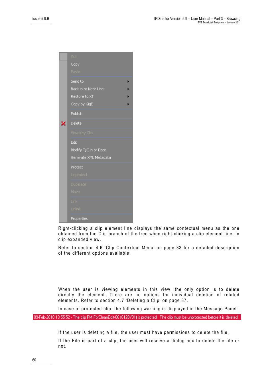 4 clip element contextual menu, 5 deleting clip elements, Clip elements tree structure | EVS IPDirector Version 5.9 - January 2011 Part 3 User’s Manual User Manual | Page 73 / 139