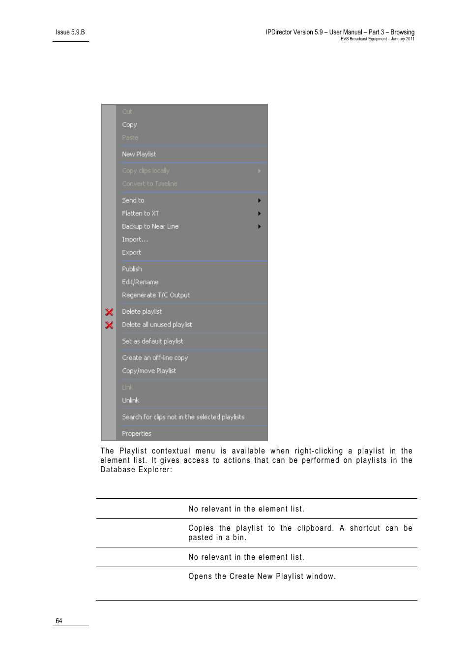 4 playlist contextual menu | EVS IPDirector Version 5.9 - January 2011 Part 3 User’s Manual User Manual | Page 77 / 139