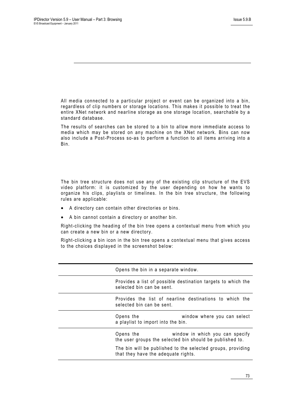 Bins view, 1 introduction, 2 bins tree structure | Timelines view, Introduction, Timeline contextual menu, 8 ‘bins view’ on, 73 fo | EVS IPDirector Version 5.9 - January 2011 Part 3 User’s Manual User Manual | Page 86 / 139