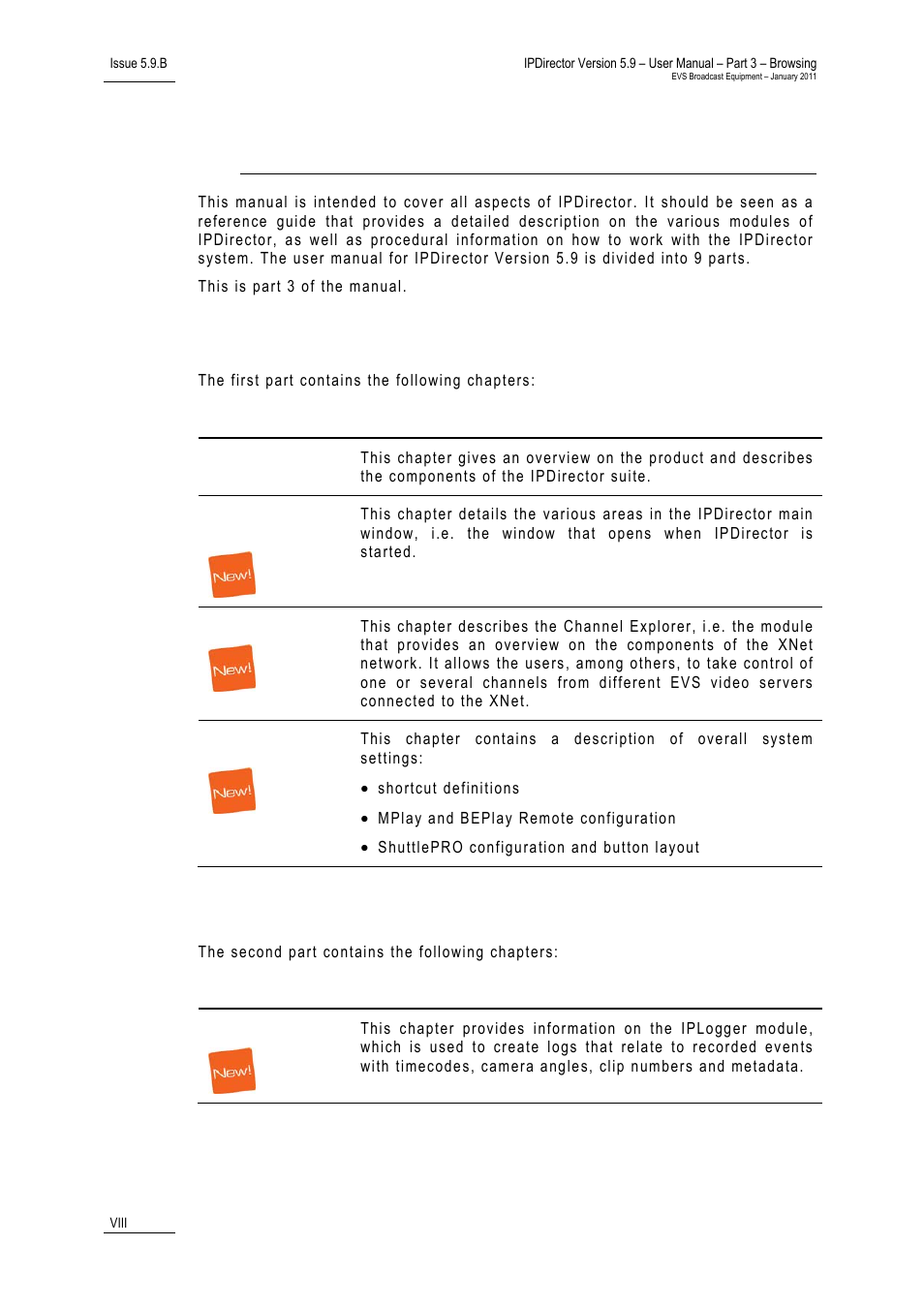 Part 1: general workspace, Part 2: logging, About this manual | EVS IPDirector Version 5.9 - January 2011 Part 3 User’s Manual User Manual | Page 9 / 139