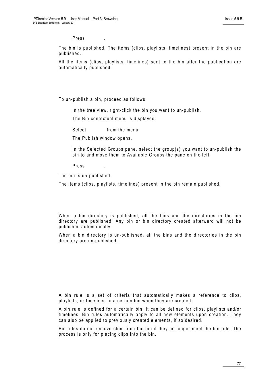 2 how to un-publish a bin, 3 rules when publishing a bin directory, 8 bin rules | 1 what is a bin rule, Bin element view | EVS IPDirector Version 5.9 - January 2011 Part 3 User’s Manual User Manual | Page 90 / 139
