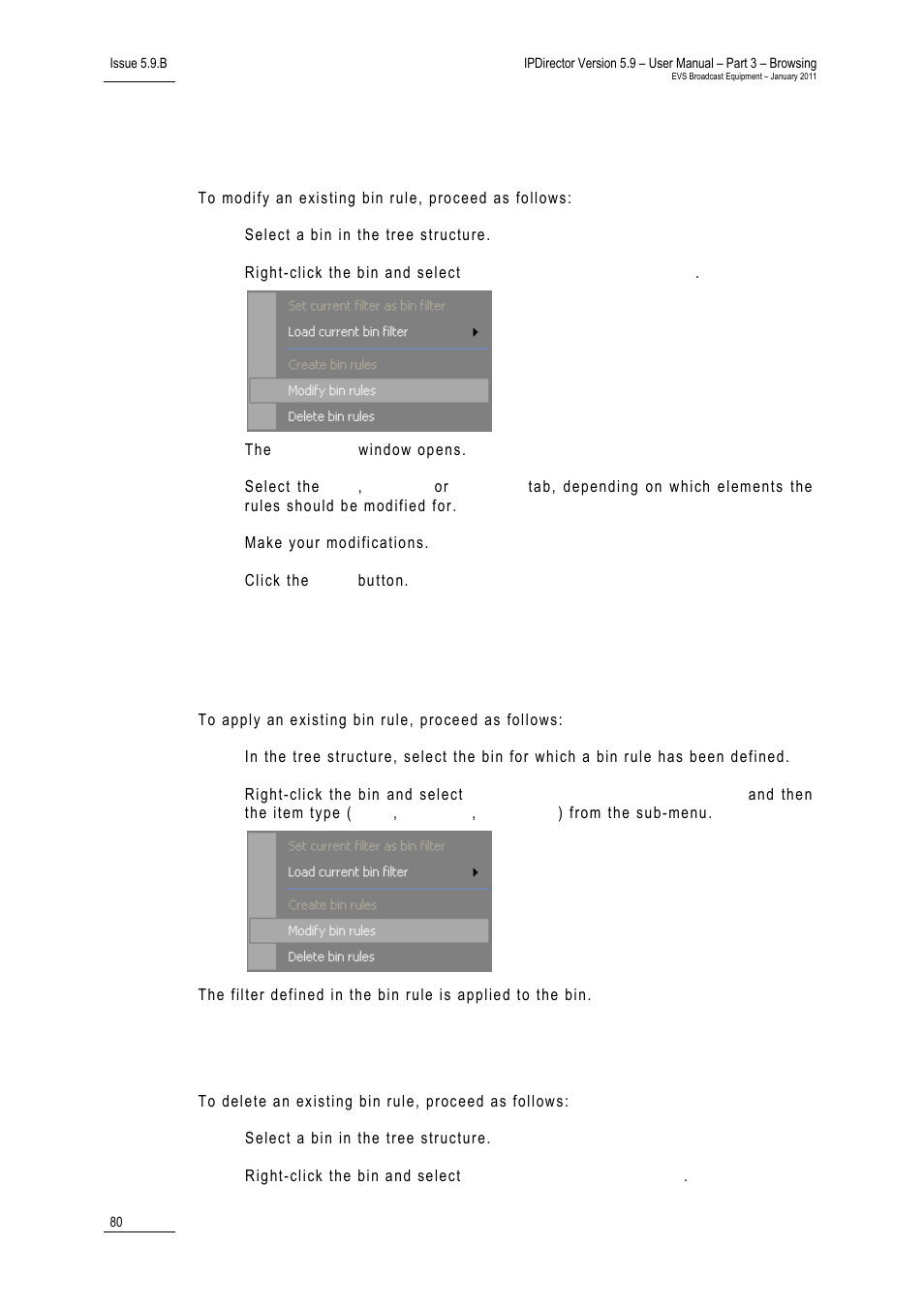 4 how to modify an existing bin rule, 5 how to apply an existing bin rule, 6 how to delete an existing bin rule | How to un-publish a bin, Rules when publishing a bin directory, Bin rules, What is a bin rule | EVS IPDirector Version 5.9 - January 2011 Part 3 User’s Manual User Manual | Page 93 / 139