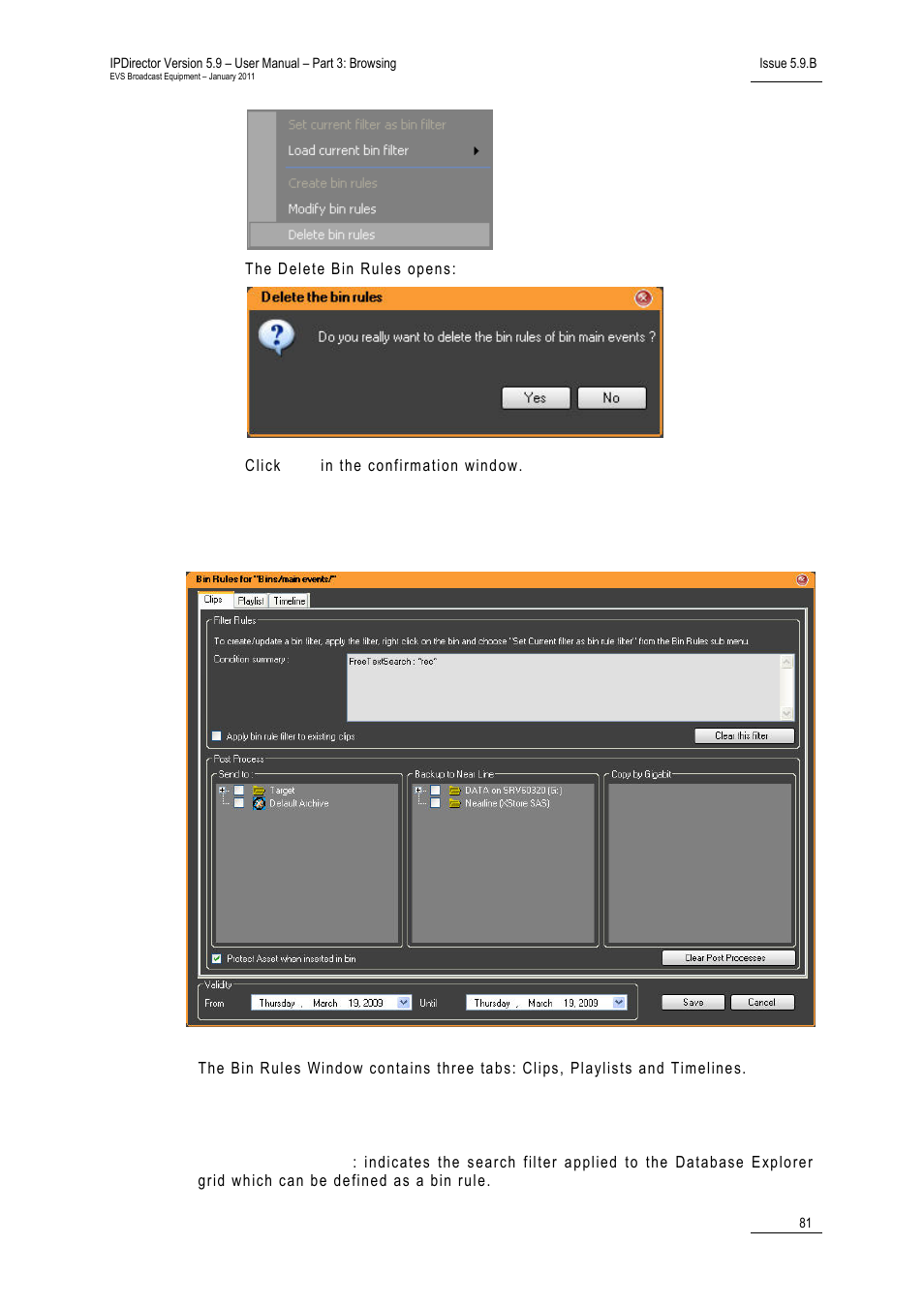 7 bin rules window, Filter rules area, How to define a new bin rule | Bin rules window, 81 fo, Ules, Indow | EVS IPDirector Version 5.9 - January 2011 Part 3 User’s Manual User Manual | Page 94 / 139