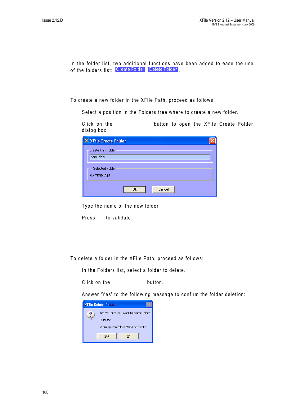 4 maintaining folders in the xfile paths, How to create a folder in the xfile path, How to delete a folder in the xfile path | Maintaining folders in the xfile paths | EVS Xfile Version 2.12 - July 2009 User Manual User Manual | Page 101 / 191