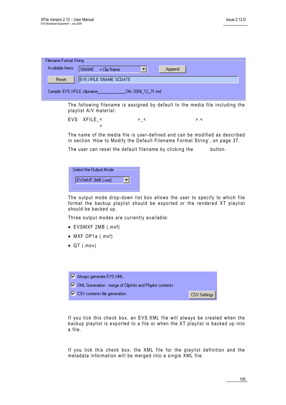 Media file settings, Filename format string, Output mode | Metadata file settings, Always generate evs.xml | EVS Xfile Version 2.12 - July 2009 User Manual User Manual | Page 106 / 191