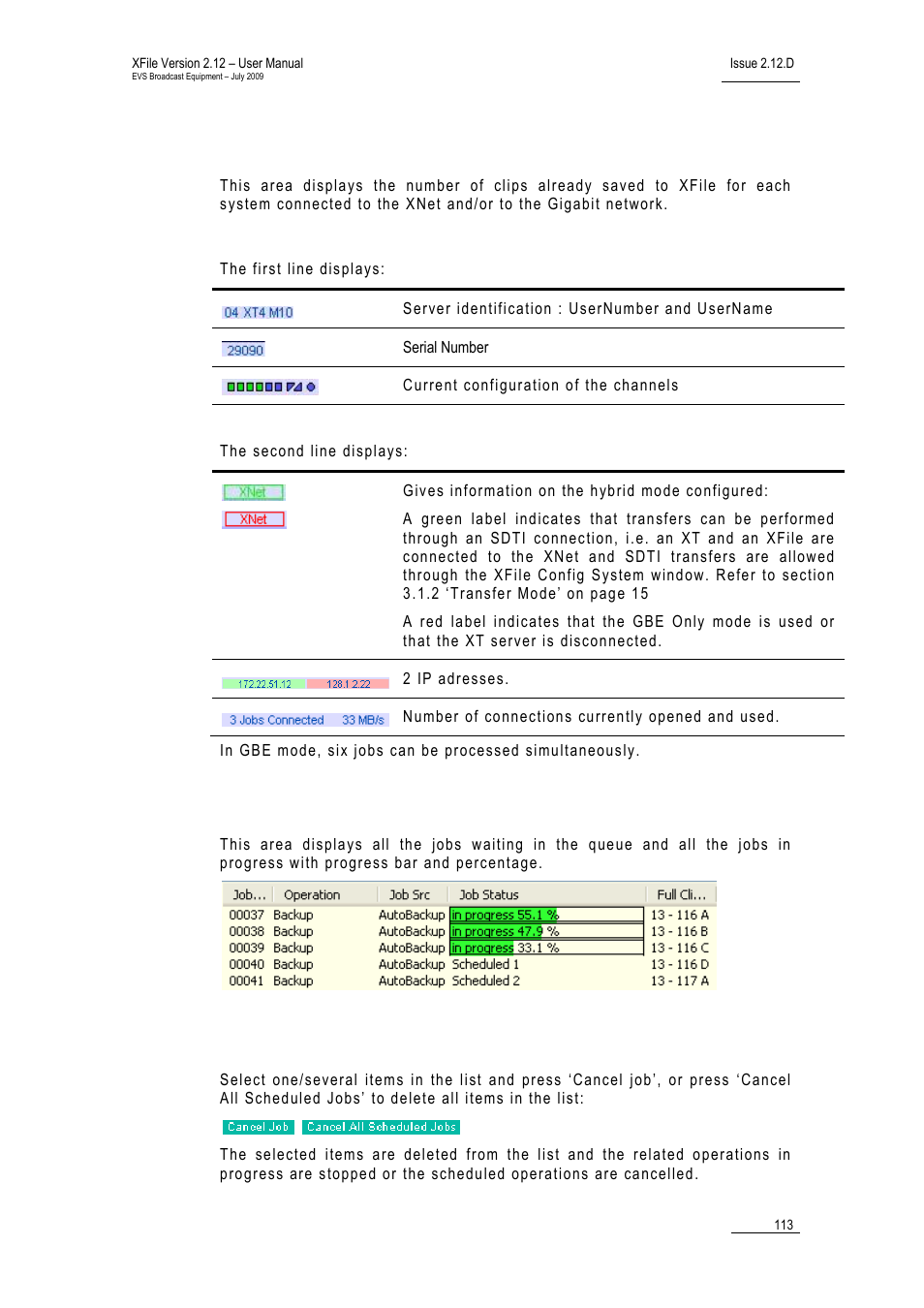Xnet area, Jobs scheduled area, Cancelling jobs | EVS Xfile Version 2.12 - July 2009 User Manual User Manual | Page 114 / 191