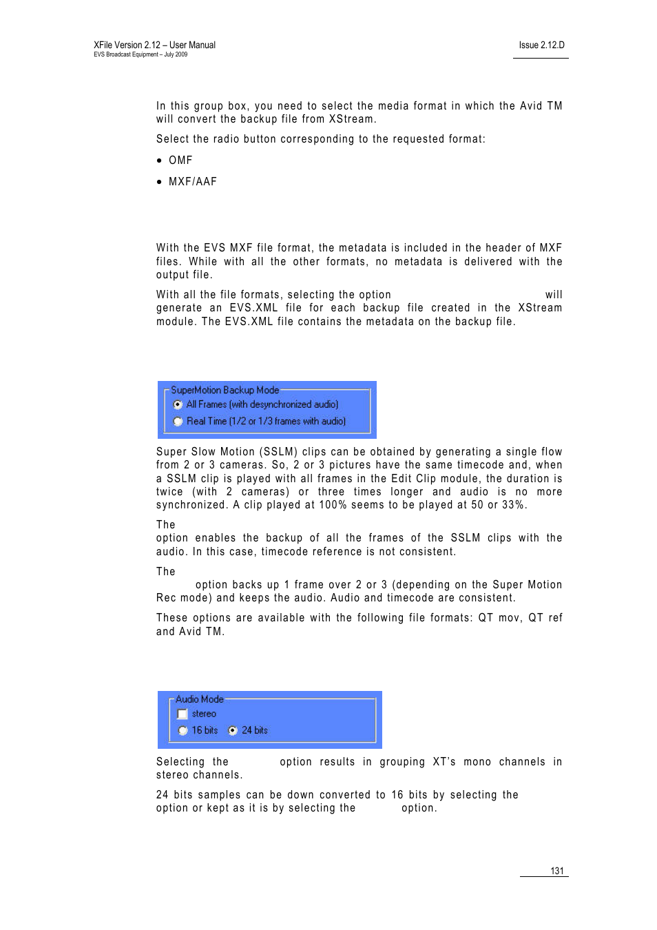Default tm media format, Always generate evs.xml, Super motion backup mode | Audio mode, Xstream_sc_jb_alwaysgenerateevsxml, Evs.xml | EVS Xfile Version 2.12 - July 2009 User Manual User Manual | Page 132 / 191
